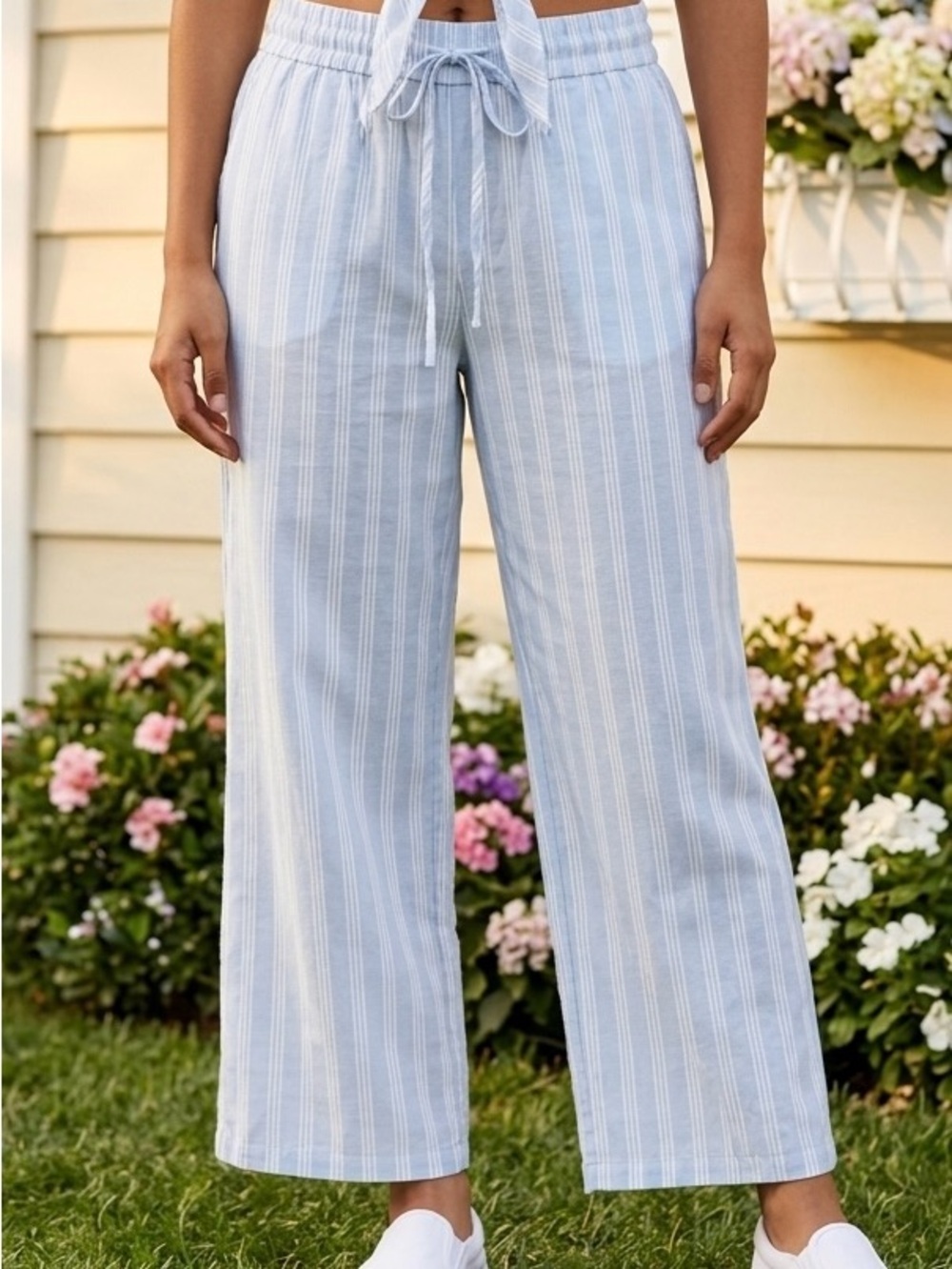 Tommy Hilfiger NWT Light Blue & White Striped Drawstring Summer Viscose Pants-M